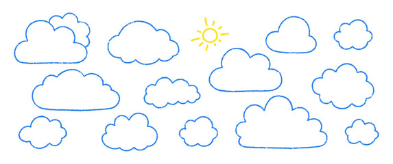 Obraz premium Set of cute crayon clouds and sun with chalk or pastel texture. Outline doodle vector illustration for kids on a white background.