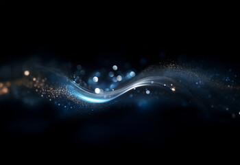 A dark background with a blue and white wave of light and bokeh.