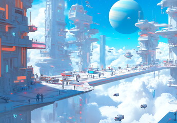 Fototapeta premium A futuristic city with skyscrapers and flying, Generative AI