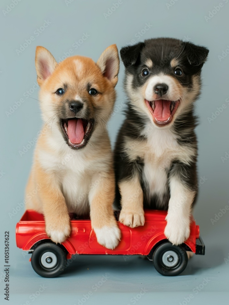 Wall mural Two puppies smiling and sitting in a red toy truck. AI.