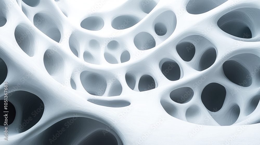 Poster abstract white 3d rendering of a porous surface with a network of interconnected holes and tunnels.