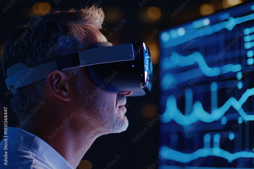 Poster man using virtual reality headset, immersed in digital data and analytics, dark background.