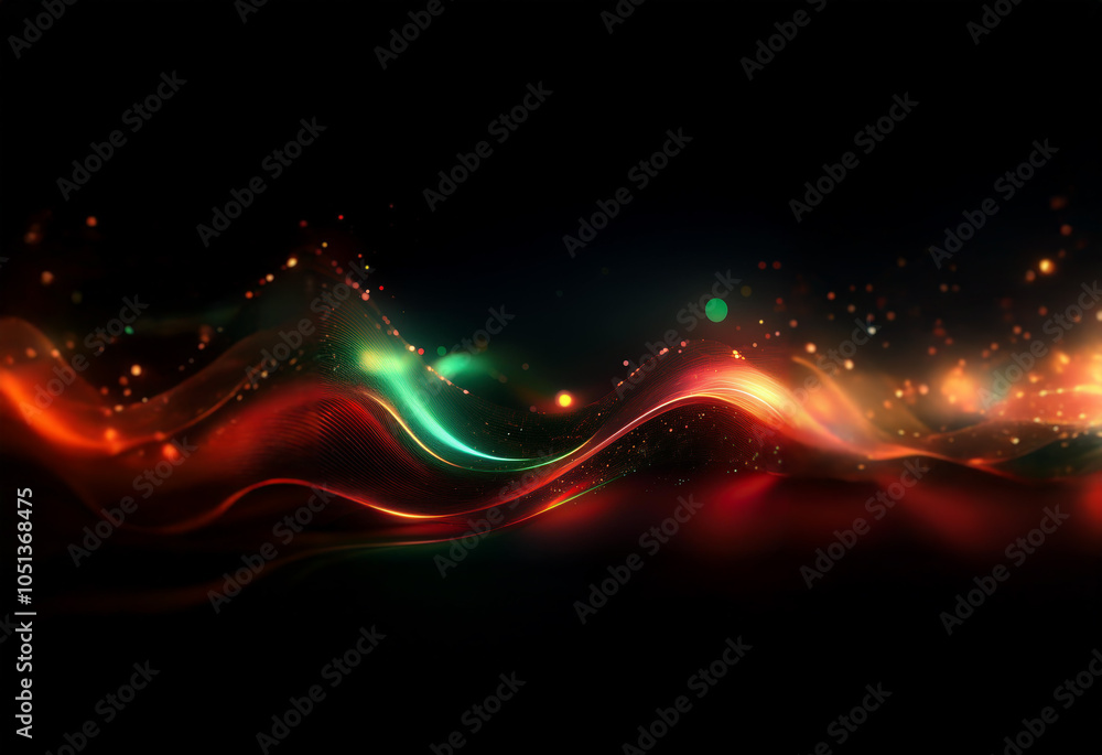 Poster abstract glowing lines of red, orange, and green on a dark background with sparkling particles of li