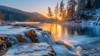 A peaceful waterfall flows over rocks at sunset. AI.