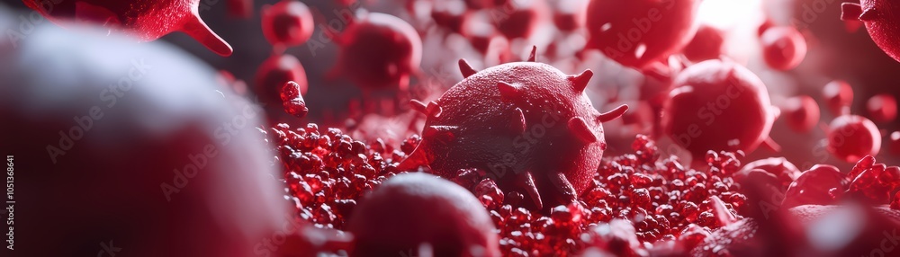 Poster microscopic view of microorganisms in a vivid red environment, showcasing cellular structures and in