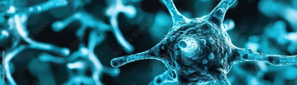 Poster microscopic view of neurons showcasing intricate structures and connections against a dark backgroun