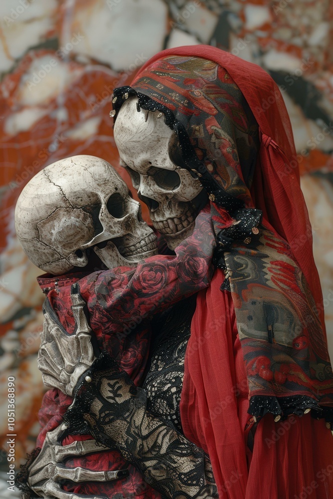 Poster a skeletal figure embraces another, creating a poignant and symbolic image. ai.