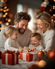 Joyful family celebrating Christmas together with gifts and festive decorations, surrounded by holiday cheer.