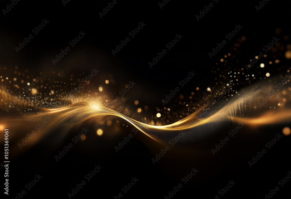 Poster abstract digital art with a golden wave of light and particles on a black background.