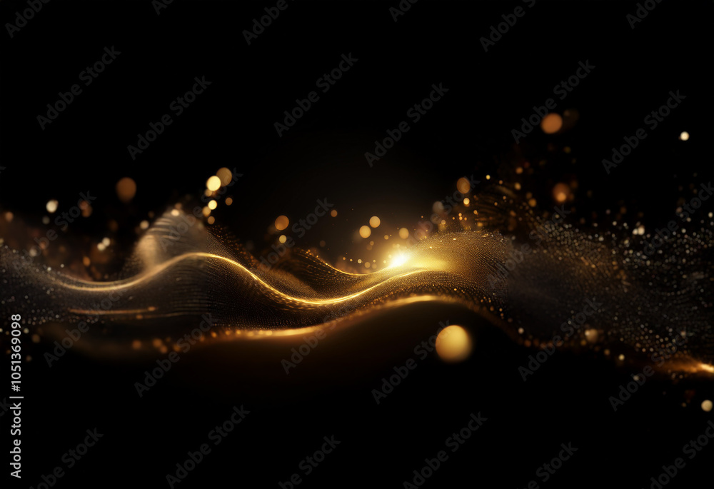 Aufkleber a wave of golden particles flows across a black background with bokeh.