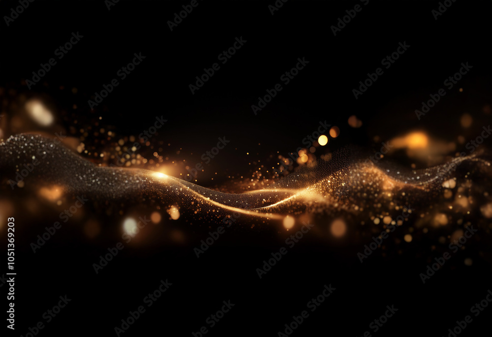 Poster a golden wave of sparkling particles moves across a black background, illuminated by a warm glow.