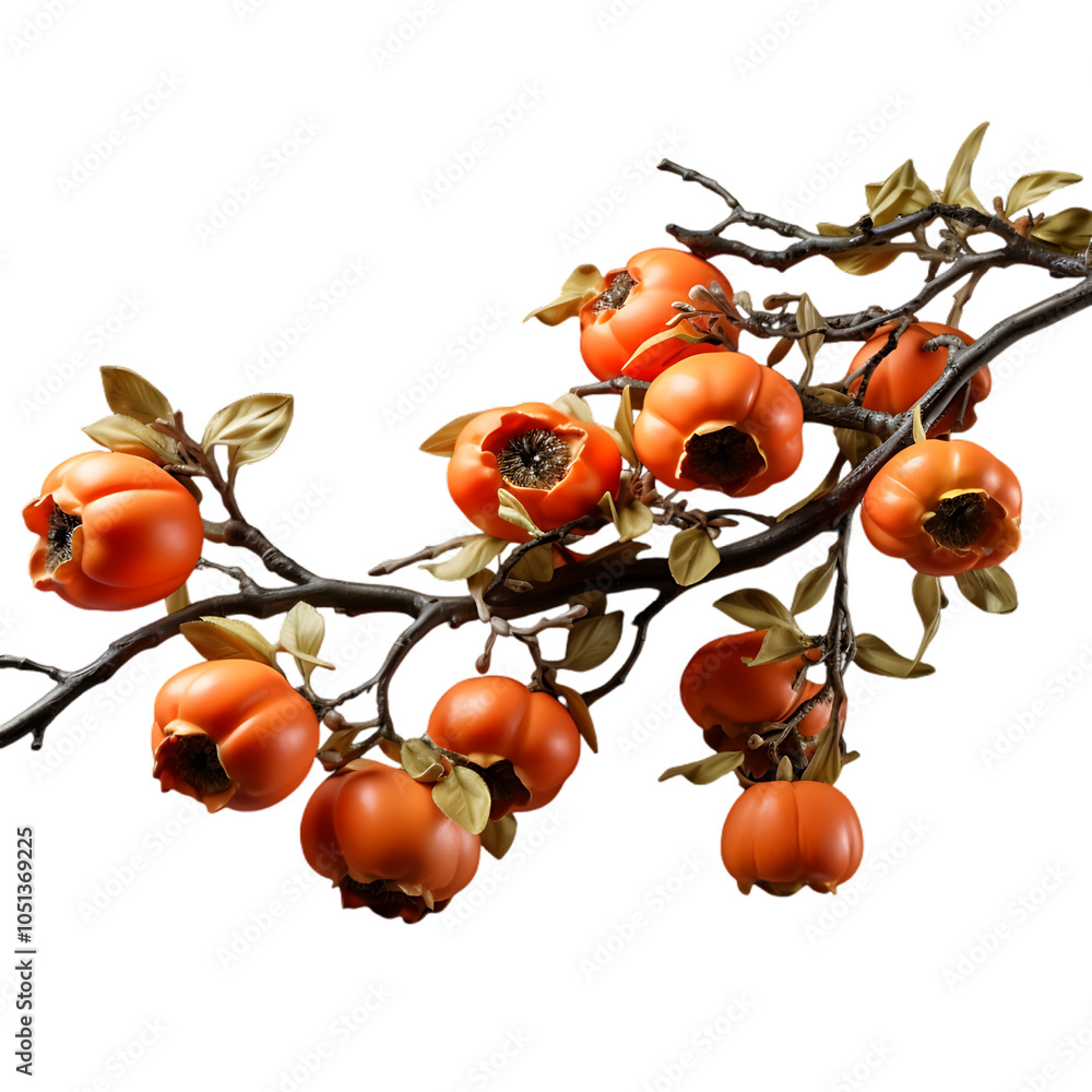 Poster png cutout of fuyu persimmons hanging on a branch with transparent backdrop