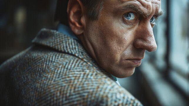 Dramatic moment as facial expression of a man twists in fear. Intense emotion of fear is palpable in his features, conveying a sense of sudden danger, panic shock of sudden danger.