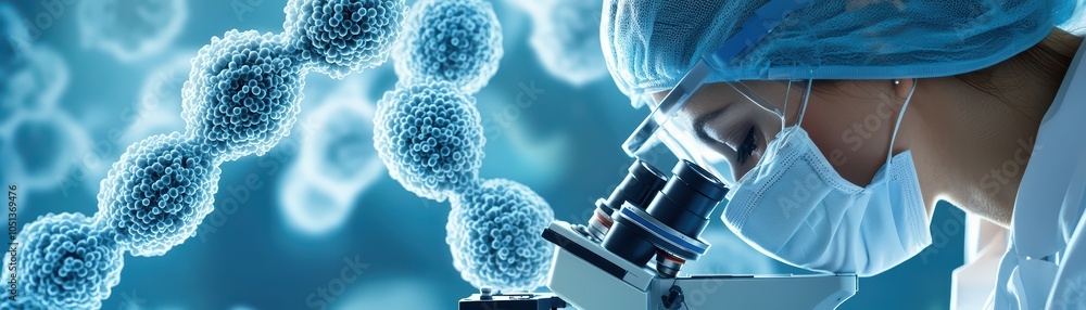Poster scientist examining samples under a microscope, focusing on microscopic details and advanced researc