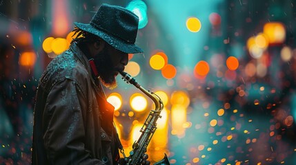 A man plays the saxophone in the rain. AI.