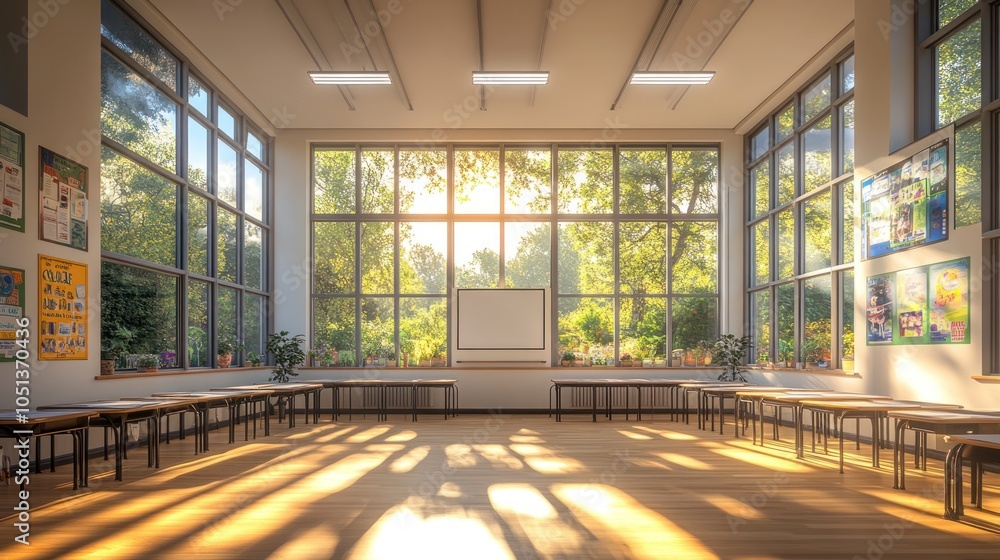 Poster empty classroom with large windows and sunlight streaming in