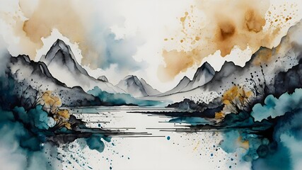 Fototapeta premium abstract background ink line decoration painting landscape artistic conception, Generative AI