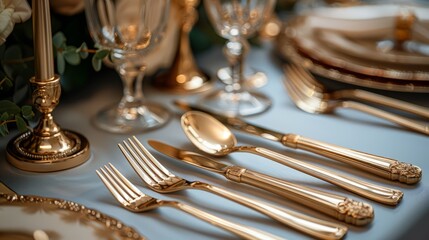 A stunning array of golden utensils and crystal glassware creates an inviting atmosphere for a lavish dinner party, enhancing the table's elegance