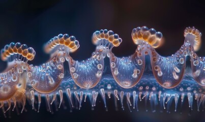 A close-up of a sea creature with iridescent, translucent features. AI.