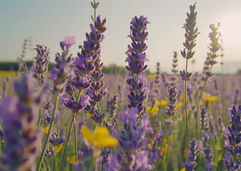 A field of purple lavender blooms with a few yellow wildflowers mixed in. AI.