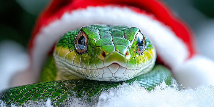 A green snake in Santa's hat.