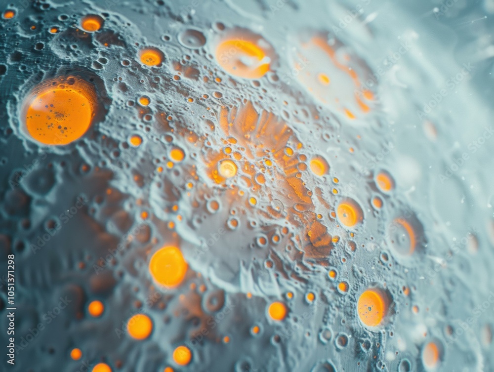 Poster a close-up view of a textured surface with craters and glowing lights. ai.