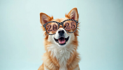 Funny dog with carnival glasses on white background