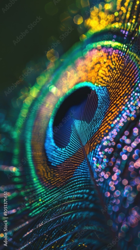 Poster a close-up of a peacock feather showing its intricate patterns and vibrant colors. ai.