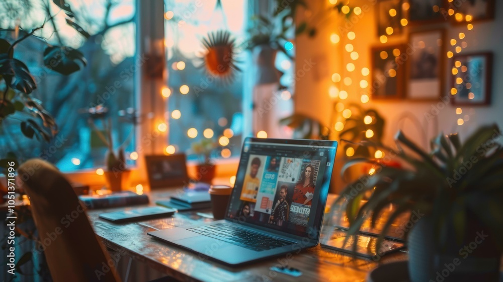 Aufkleber a laptop sits open on a desk with string lights and plants in the background. ai.