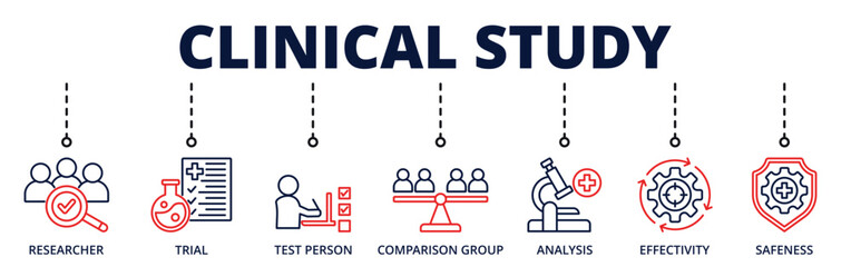 Clinical study banner web icon for business with researcher, trial, test person, comarison group, analysis, effectivity, safeness
