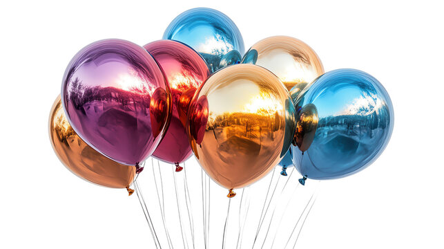 Colorful balloons in various shades, including blue, gold, and purple, create festive atmosphere, perfect for celebrations and events. Their shiny surfaces reflect light beautifully, enhancing joyful