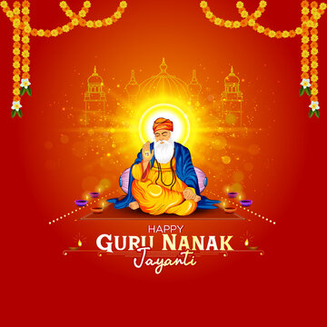 Vector illustration of Guru Nanak. Guru Nanak Jayanti or Gurpurab festival greeting card, poster, banner, social media post card design.