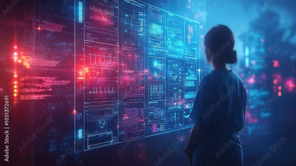 Poster a person analyzing futuristic data on a holographic display.