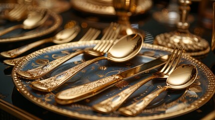 A beautifully arranged table showcases shining gold utensils and intricate plates, perfect for an intimate dinner gathering or special celebration