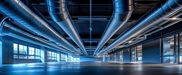 Beneath a web of metallic ducts, a spacious industrial area reveals vast windows that invite the evening glow, showcasing contemporary design and functionality