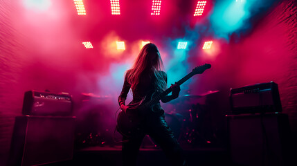 Silhouette of a woman playing guitar on the concert stage with beautiful lighting and smoke background.