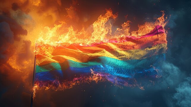 The colorful rainbow flag burns brightly with flames, creating a striking contrast against smoke-filled skies, capturing a moment of intense emotion