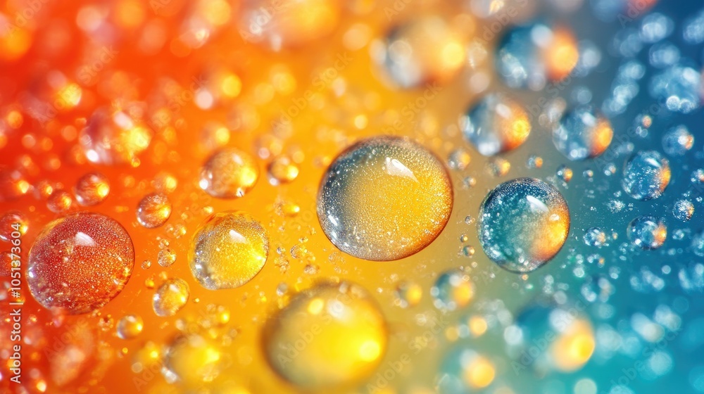 Poster close-up macro shot of water droplets on a colorful surface, reflecting light and creating a vibrant