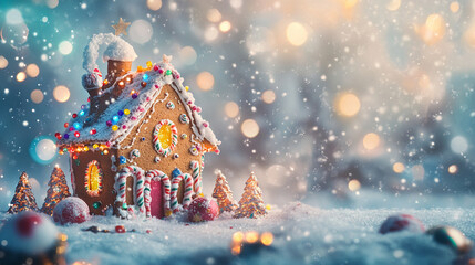 Fototapeta premium Christmas gingerbread house with christmas tree and gift boxs fantasy fairy tale world background