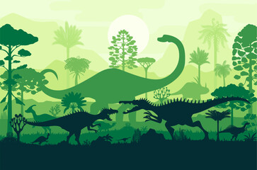 Prehistoric dinosaurs silhouettes in tropical rain forest. Vector majestic sunset scene of dino reptile species roaming and clashing at jungle landscape background with fading sky, sun and tall trees © Vector Tradition