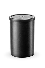 Black plastic 35mm film canister isolated. Transparent PNG image.