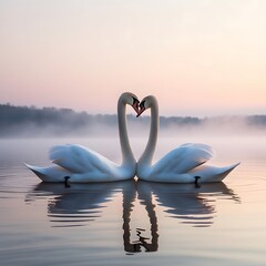 Fototapeta premium Capture the serene beauty of nature with this stunning high-resolution image of a pair of graceful swans gliding across a misty lake at sunrise.