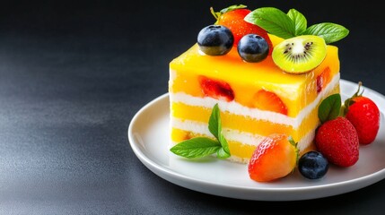 Colorful dessert with layers of jelly, cream, and fresh fruits on a plate.
