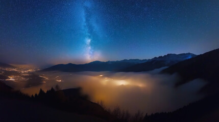Fototapeta premium Night sky over fog-covered mountains with city lights glowing below. Stunning landscape with a view of the Milky Way and stars shining brightly in the clear, deep blue sky