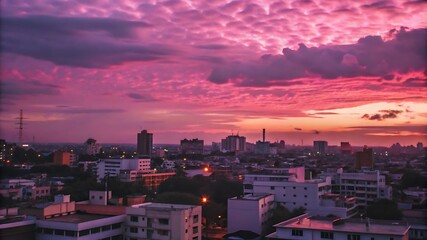 Fototapeta premium City under a cloudy sky during the pink sunset in the evening