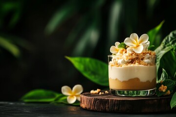 Delicious dessert in a glass with whipped cream and flower decoration, dark background.