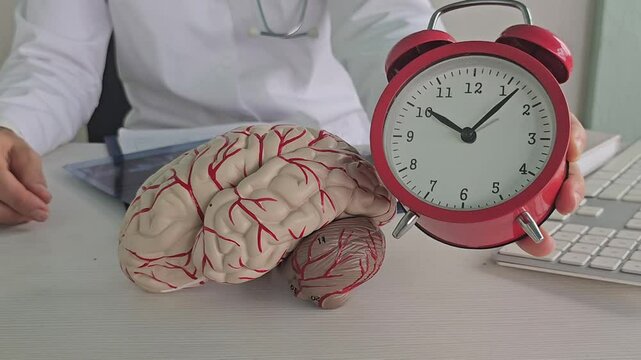 Doctor holds brain model and alarm clock in hospital