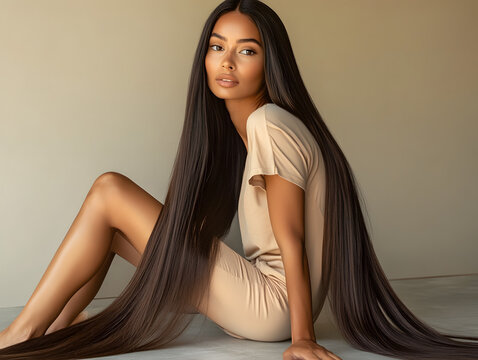 Beautiful woman with extremely long, straight, shiny and healthy hair, sitting in a studio and posing 