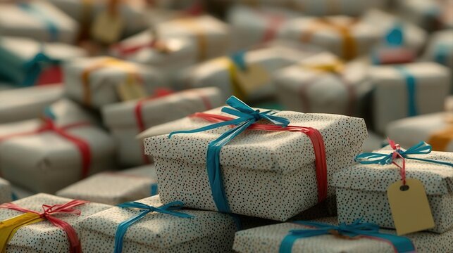 A pile of re-gifted presents with colorful tags, emphasizing the fun and sustainability of National Re-Gifting Day