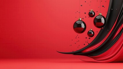 Obraz premium Christmas baubles floating in a red and black liquid swirl, vibrant holiday composition